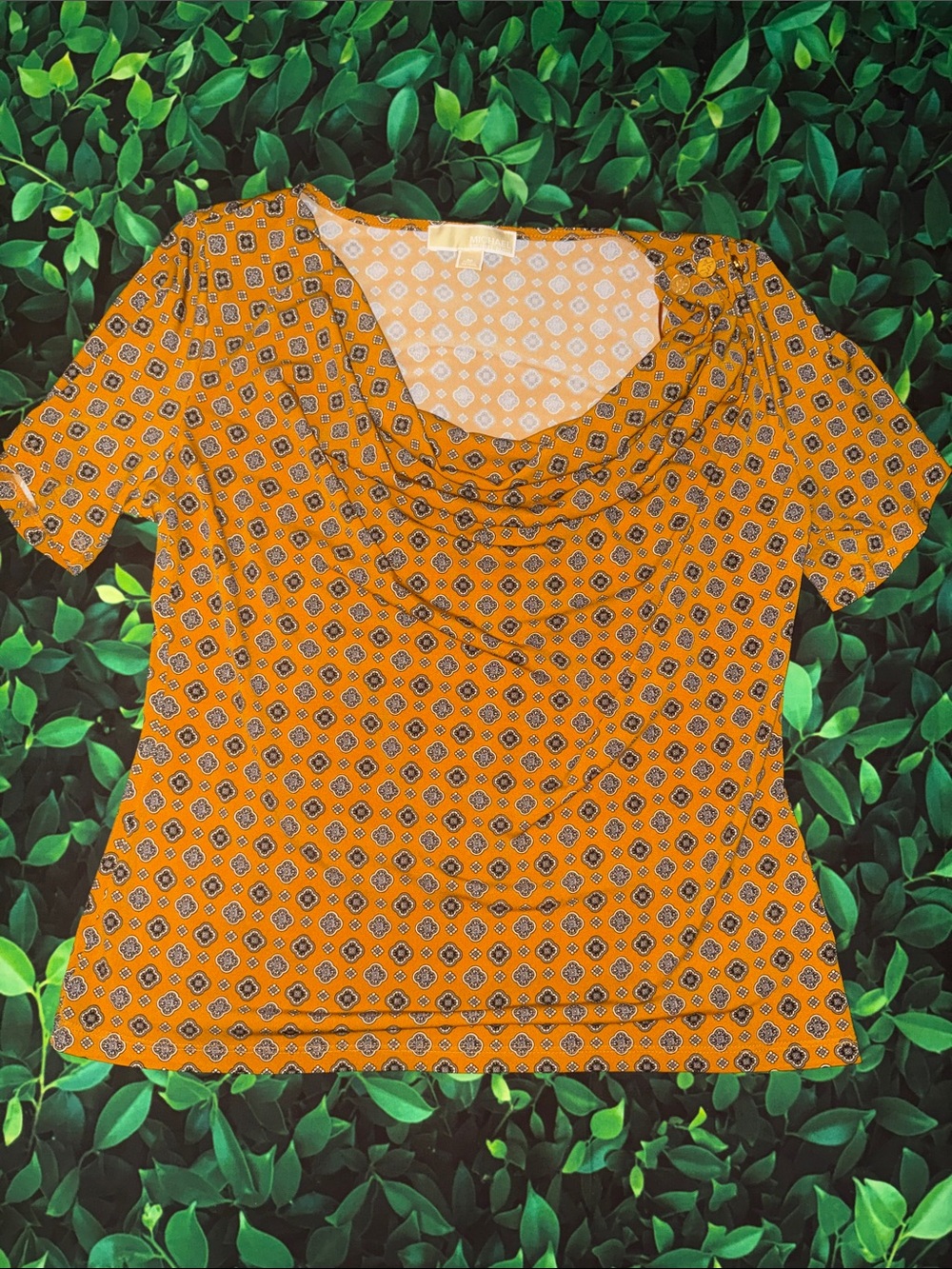 Michael Kors Orange Printed Short-Sleeve Draped Neck Tunic